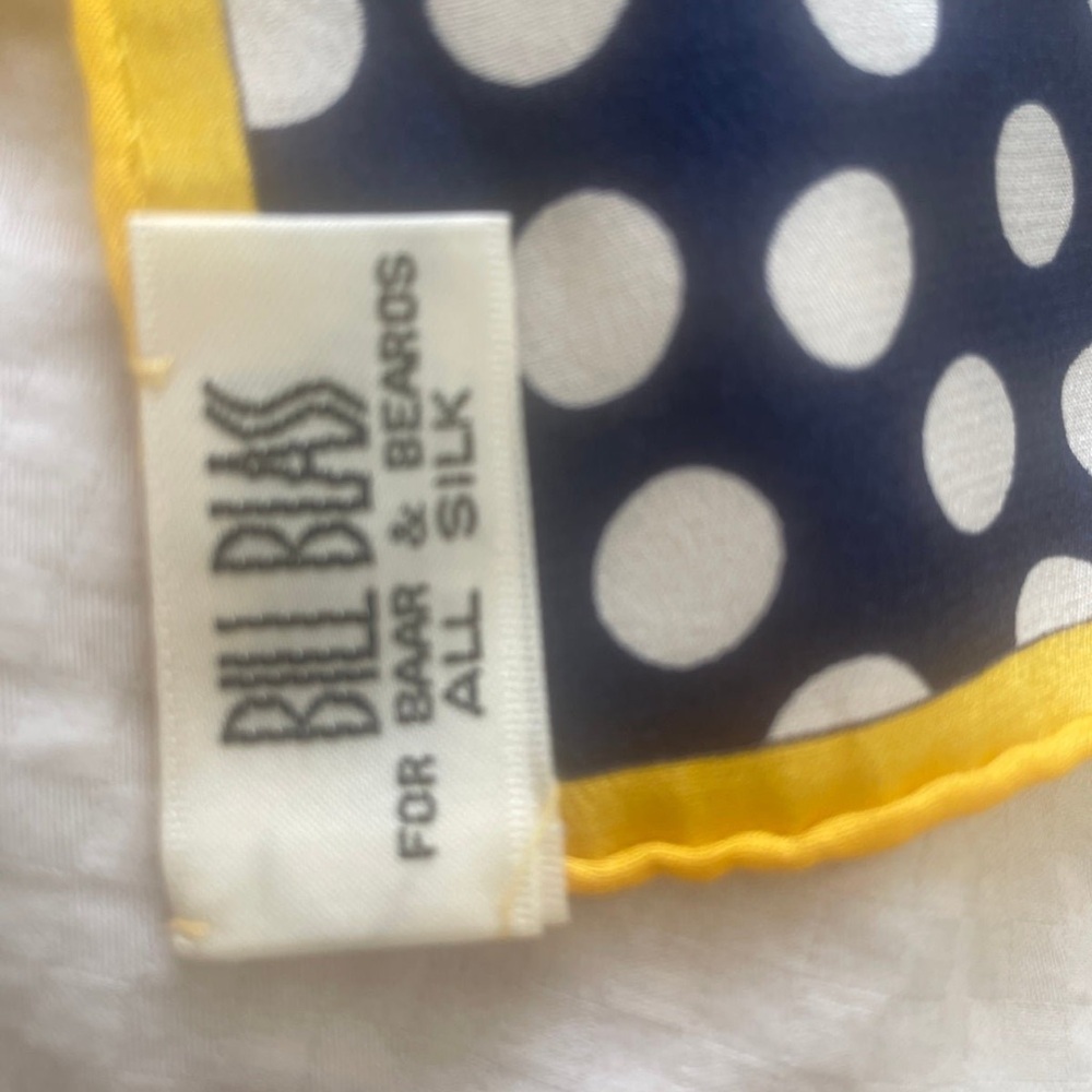 Vintage BILL BLASS Blue & Yellow Striped and Polka Dot Silk Scarf - Picture 5 of 12